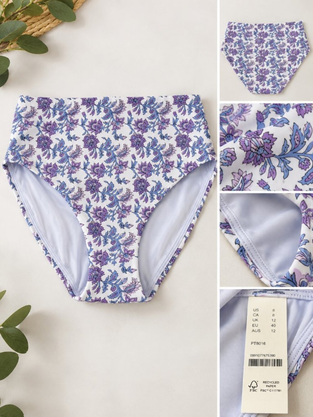 J.Crew Floral High Waisted Bikini Bottom Purple Blue Swimwear Large NWT